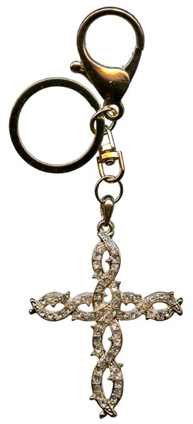 Cross Key Chain/ Purse Charm Gold Plated with Clear Crystals cm.13 - 5 1/8"