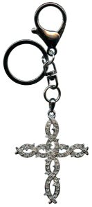 Cross Key Chain/ Purse Charm Silver Plated with Clear Crystals cm.13 - 5 1/8"