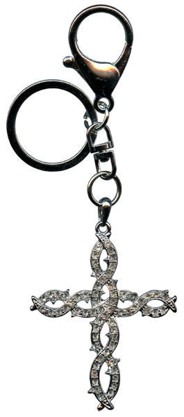 Cross Key Chain/ Purse Charm Silver Plated with Clear Crystals cm.13 - 5 1/8"
