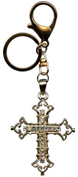 Cross Key Chain/ Purse Charm  Gold Plated with Clear Crystals cm.13 - 5 1/8"