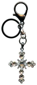 Cross Key Chain/ Purse Charm Silver Plated with Clear Crystals cm.12.5- 5"