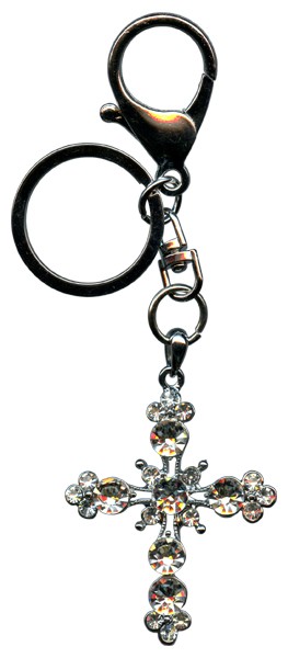 Cross Key Chain/ Purse Charm Silver Plated with Clear Crystals cm.12.5- 5"