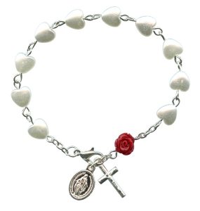 Heart Shaped Pearl Rosary Bracelet with a Red Rose