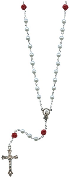 Imitation White Pearl Rosary with Red Roses mm.6
