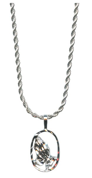 SIlver Praying Hands Pendent Genuine Rhodium Plating