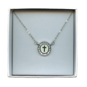 Cross on White Epoxy with Clear Crystals with Gift Box