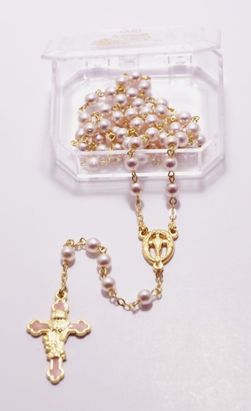 Imitation Pearl Rosary Gold Plated Boxed