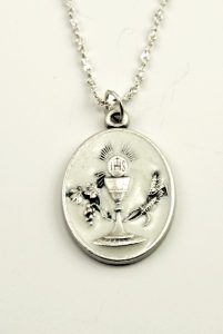 Communion Silver Oxidated Enameled Medal + Chain