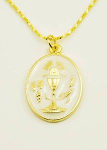 Communion Silver Oxidated Enameled Medal + Chain