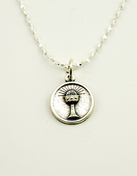 Communion Silver Oxidated Medal + Chain
