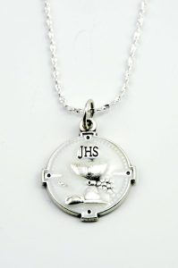 Communion Silver Oxidated Enameled Medal + Chain