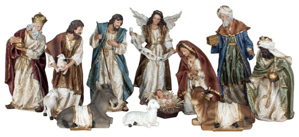 Polyresin Nativity Set 30.5 cm (12"), 11-piece scene with Holy Family, angel, Wise Men, shepherds, and animals