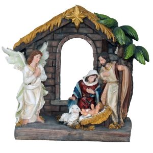Polyresin Nativity Scene 20 cm (8") with Mary, Joseph, Baby Jesus, lamb, and Guardian Angel