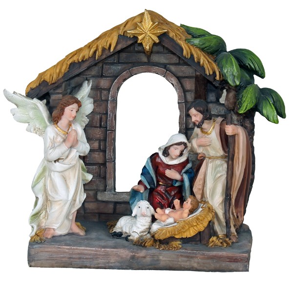 Polyresin Nativity Scene 20 cm (8") with Mary, Joseph, Baby Jesus, lamb, and Guardian Angel