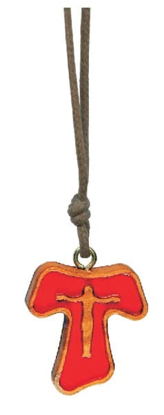 Olive Wood Tau Crucifix with Red Inlay