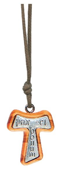 Olive Wood Tau Cross with Metal Tau Cross Inlay Engraved