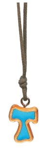 Olive Wood Tau Cross with Blue Inlay