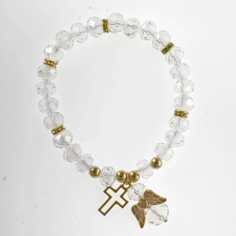 Elastic crystal bracelet with angel charm and Cross- Gold Plated - RBH2401G - minimum purchase 4 pcs.