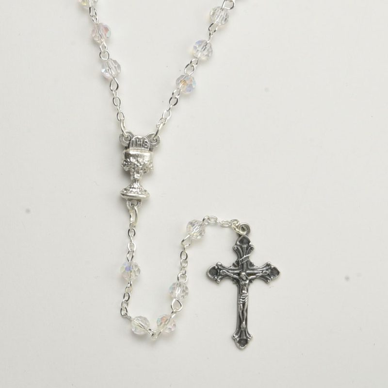 FIRST COMMUNION Fire polished Crystal Rosary with Aurora Borealis - Code RCT364AC-15 - minimum purchase 4 pcs.