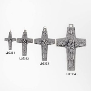 LLG351, LLG352, LLG353, LLG354 Good Shepherd crosses – metal devotional crucifixes, Made in Italy, shown in size comparison from smallest to largest