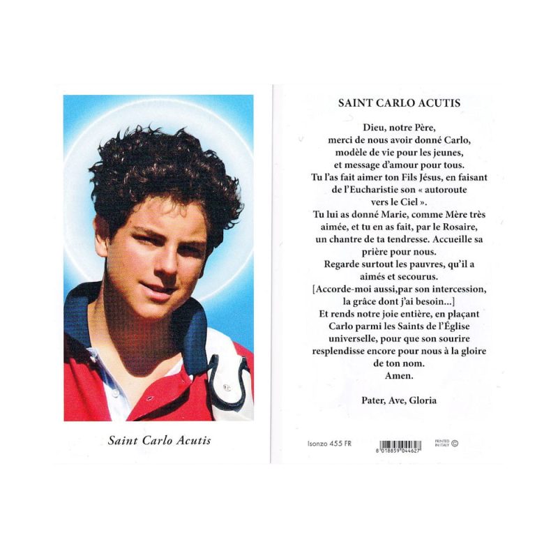 PE-ISO455F - Carlo Acutis French Prayer Card | 6x10 cm (2 3/8" x 3 15/16") | Made in Italy | Pack of 100