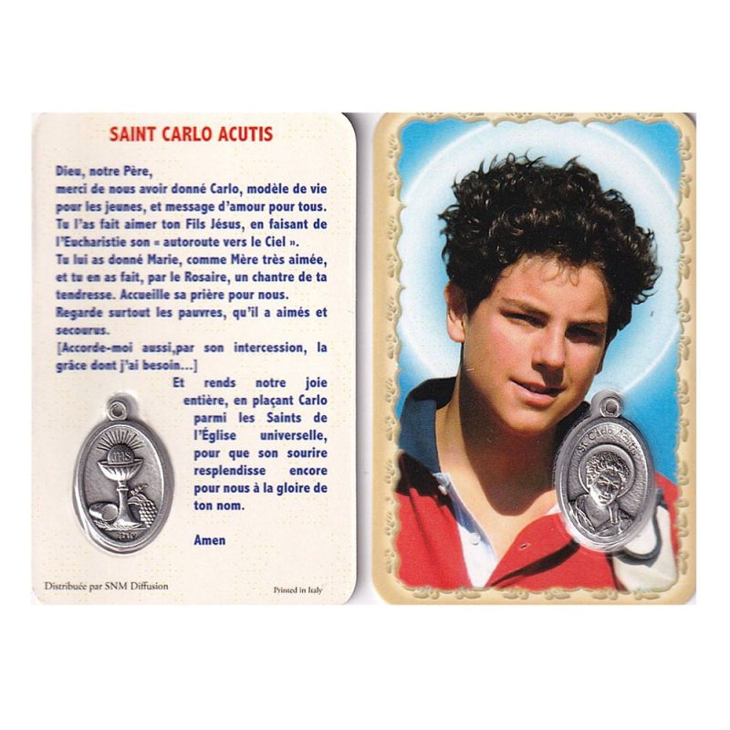 PM-ACF Carlo Acutis French Medal Card – 2 11/64"x3 11/32" (55x85 mm) | Made in Italy | Pack of 10