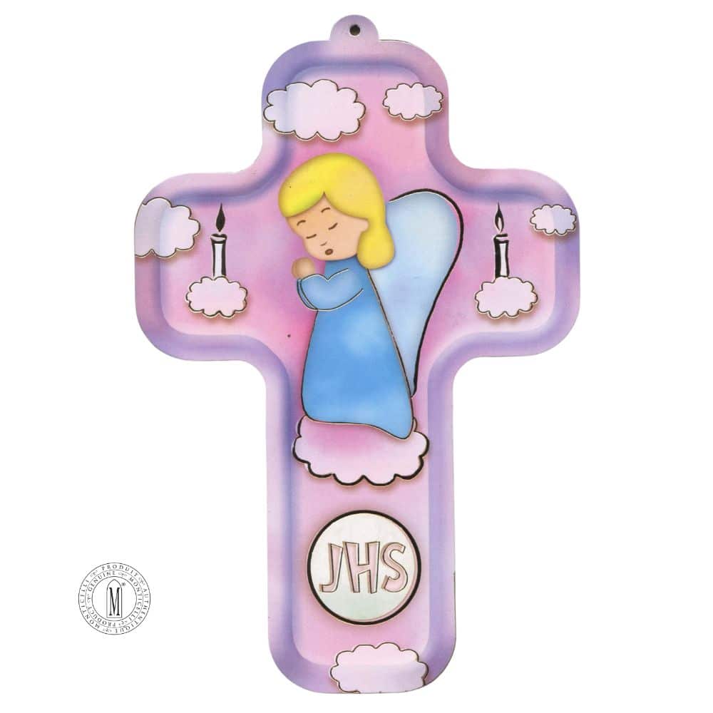 Children's pastel wall cross with praying guardian angel, clouds, candles, and JHS monogram
