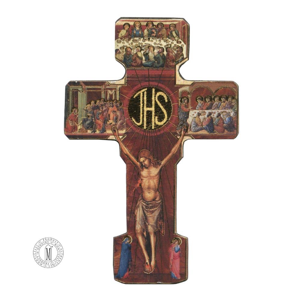 Liturgical wall cross with Eucharistic scenes, crucified Christ, and central IHS Christogram on wood