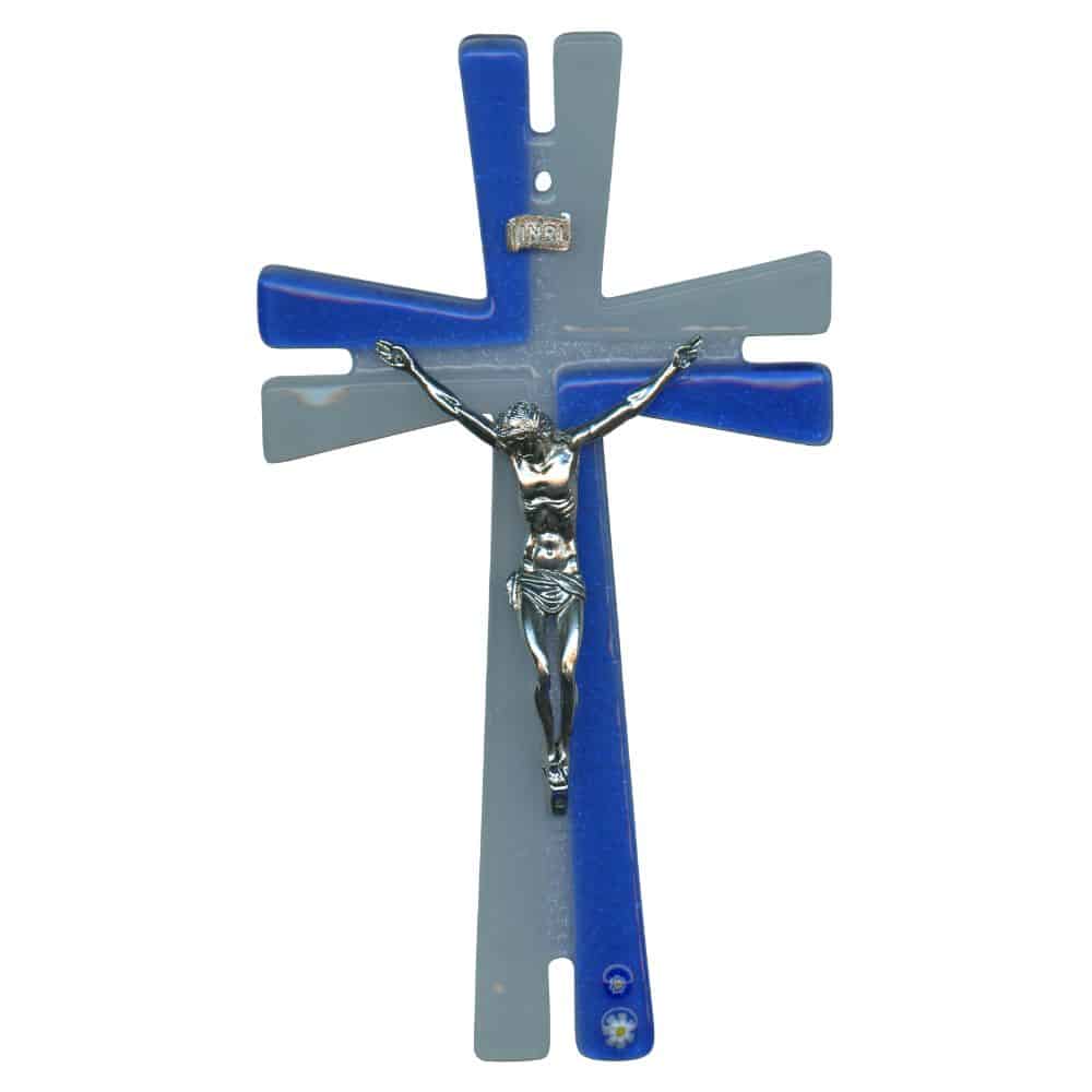 Murano glass wall crucifix with blue and silver accents, featuring detailed metal corpus of Christ and millefiori flower inlays