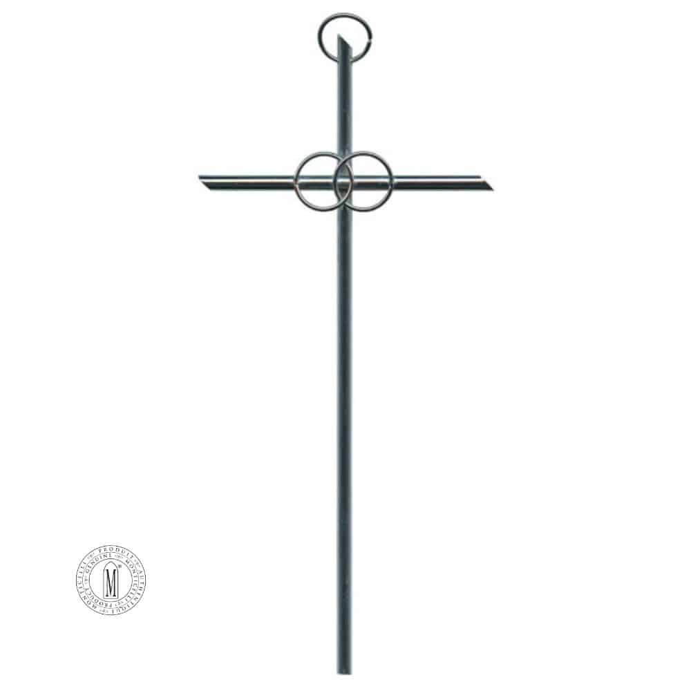 Silver-plated anniversary cross with two interlocked rings at the center, symbolizing Christian unity and marriage. Measures 20 cm (8 inches) tall, with a top loop for wall hanging.