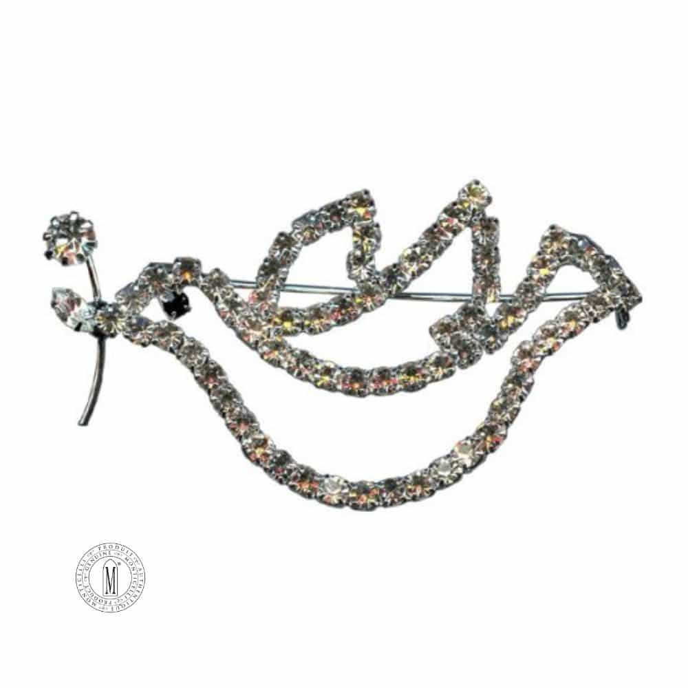 Silver plated dove lapel pin with clear crystals, 3.5×6.5 cm (1 3/8 x 2 5/8 inches)