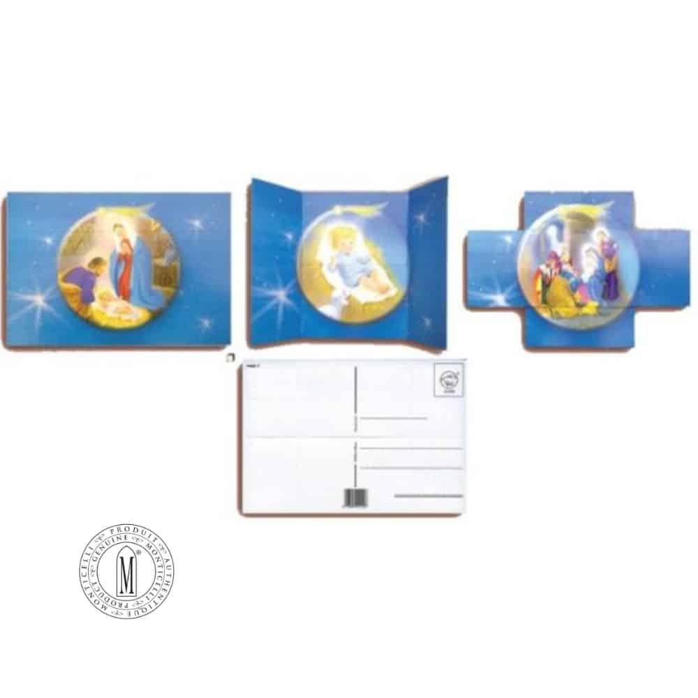 Fold-out Nativity-themed magic postcard with layered illustrations of the Holy Family, Baby Jesus, and the Three Wise Men on a blue starry background.