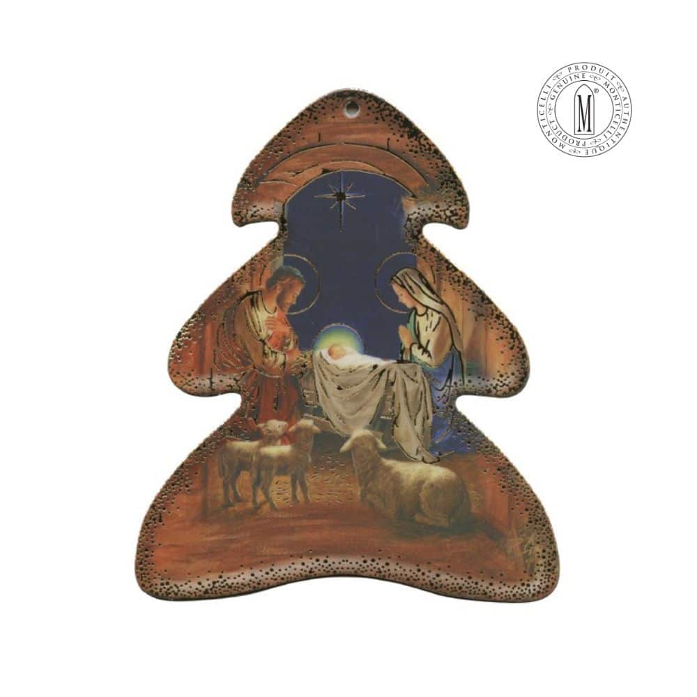 Christmas tree-shaped ornament featuring a detailed Nativity scene with Mary, Joseph, baby Jesus, and lambs under a starry night.