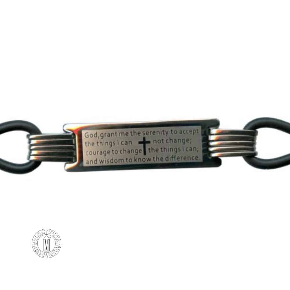 Stainless steel bracelet engraved with Serenity Prayer and cross symbol, black silicone strap