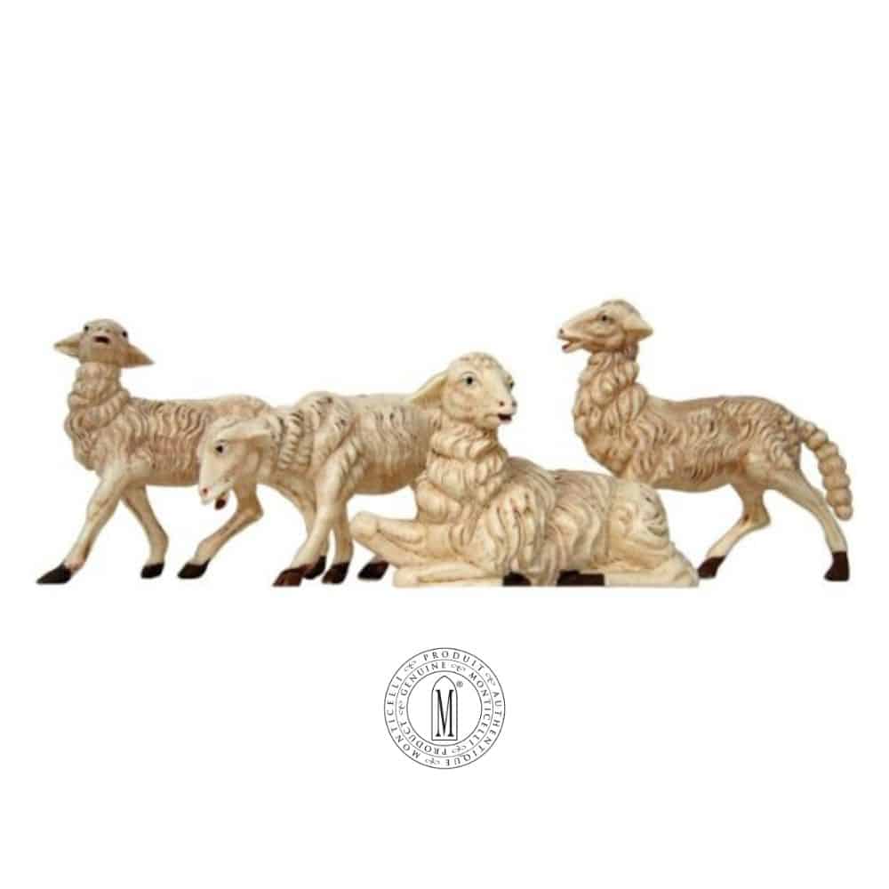 Four ivory-tone sheep Nativity figurines in various poses, handcrafted with detailed wool texture, suitable for Nativity sets.