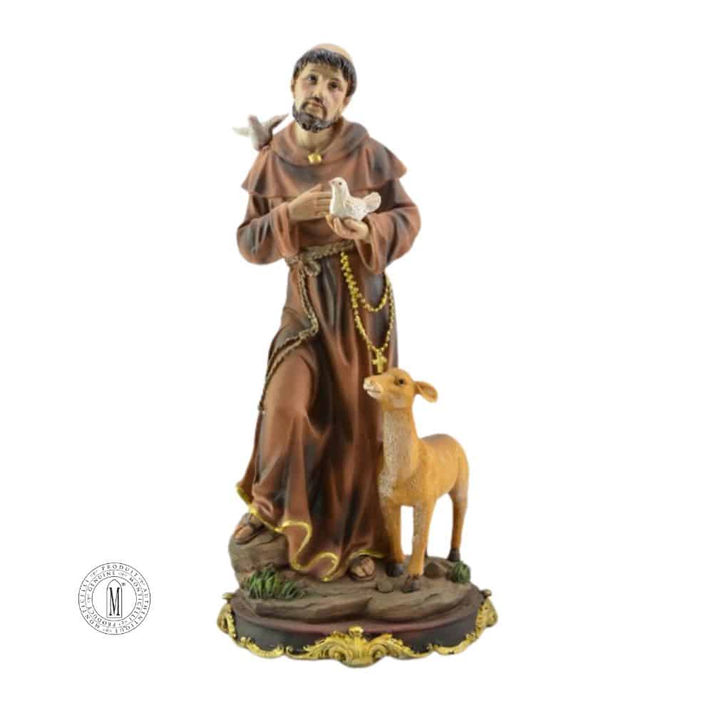 Hand-painted polyresin statue of St. Francis of Assisi holding a dove, with a lamb at his feet and a second dove on his shoulder, standing on a decorative gold-accented base.