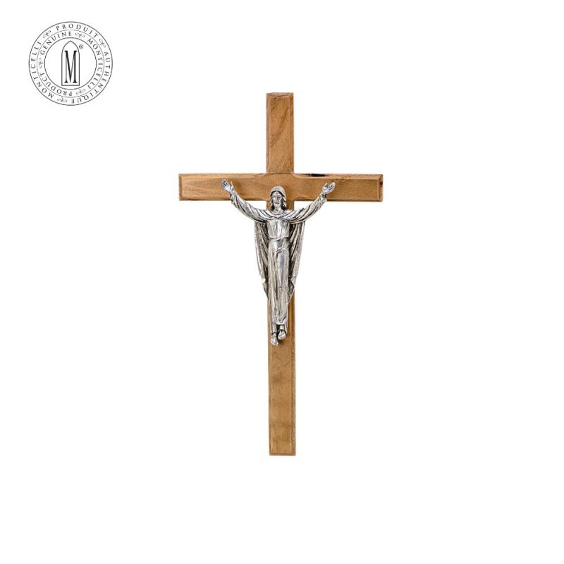 Solid Olive Wood Cross 20 cm Silver-Plated Pewter Risen Christ Made in Italy