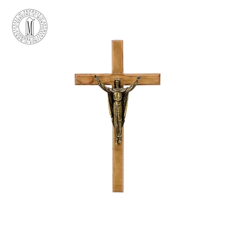 Solid Olive Wood Cross 20 cm Bronze-Plated Pewter Risen Christ Made in Italy