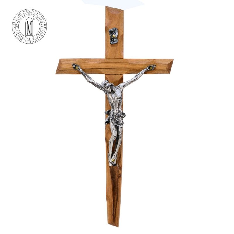 Olive Wood Crucifix Silver-Plated Pewter Corpus Made in Italy