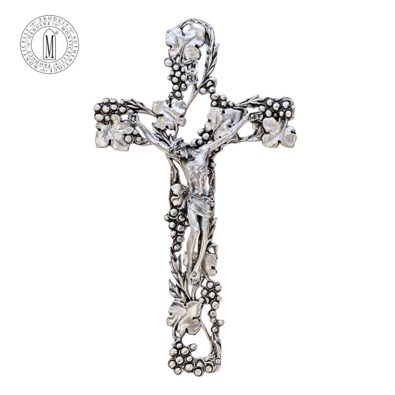 Pewter Crucifix Grape and Wine Motif Silver-Plated Made in Italy
