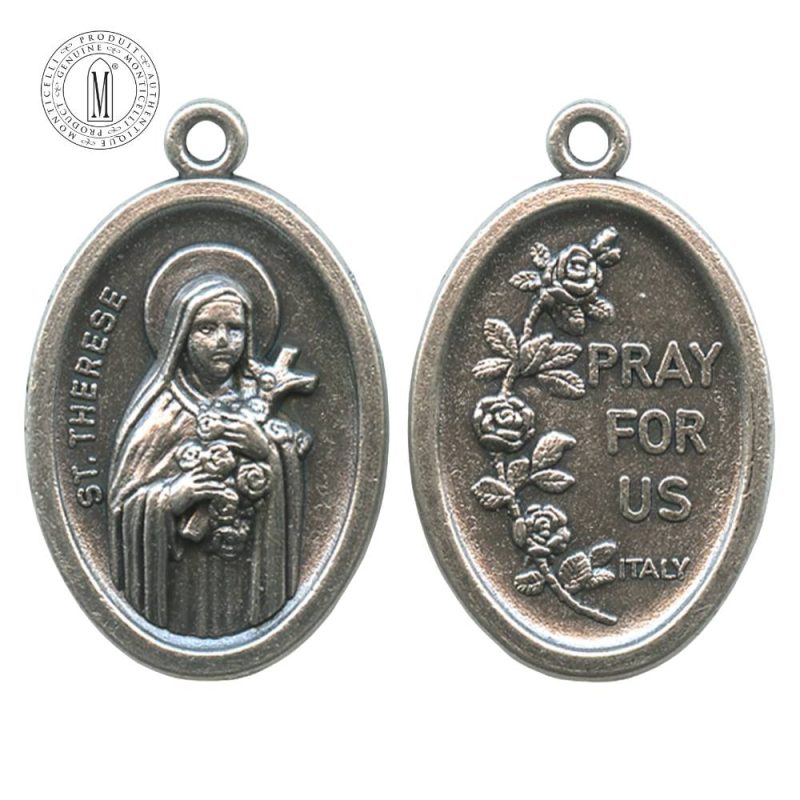 MB10D - St. Therese Medal, Oxidized Metal, 22 mm (7/8"), Made in Italy