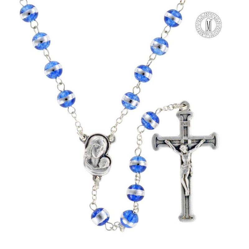 Rosary RN52F-11 – Sapphire Moonstone (glass) beads mm.6 with Metallic Band – 47 cm.-18½"-Made in Italy. Minimum order 4 pcs.