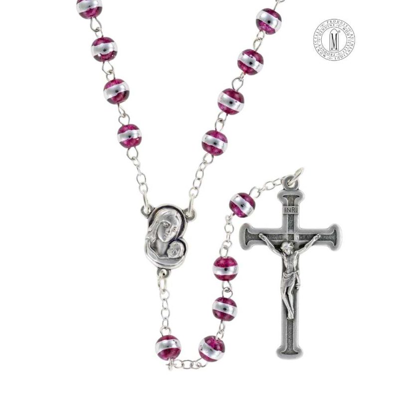 Rosary RN52F-16 – Amethyst Moonstone (glass) beads mm.6 with Metallic Band – 47 cm.-18½"-Made in Italy. Minimum order 4 pcs.