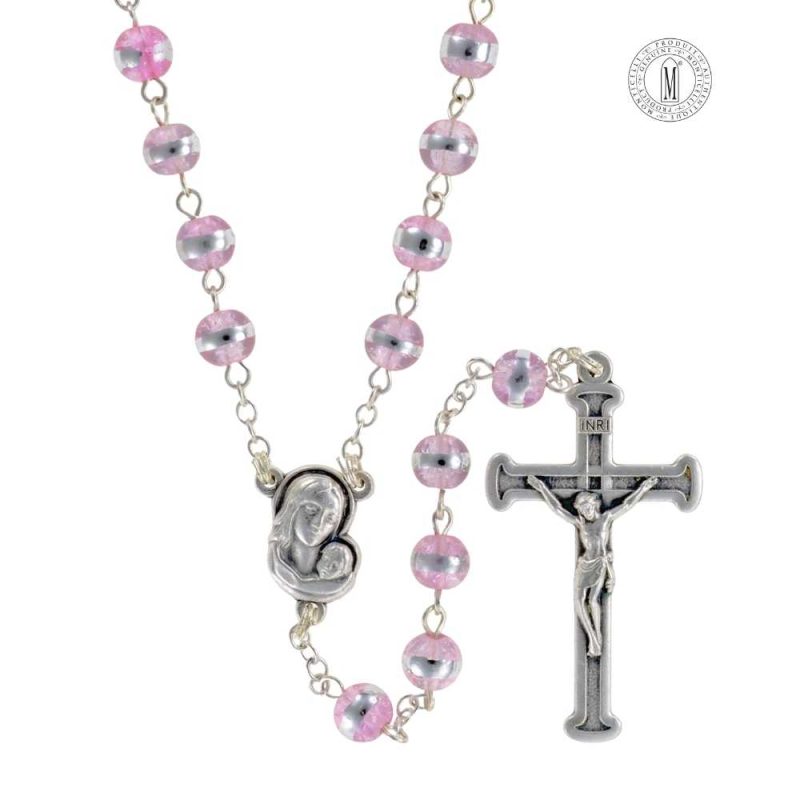 Rosary RN52F-6 – Rose Moonstone (glass) beads mm.6 with Metallic Band – 47 cm.-18½"-Made in Italy. Minimum order 4 pcs.
