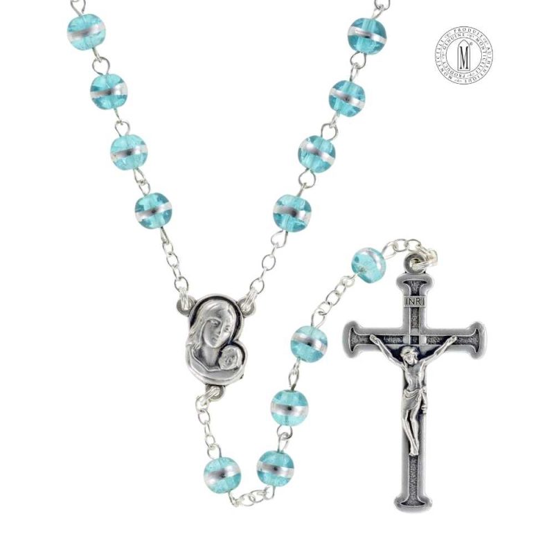 Rosary RN52F-7 – Aqua Moonstone (glass) beads mm.6 with Metallic Band – 47 cm.-18½"-Made in Italy. Minimum order 4 pcs.