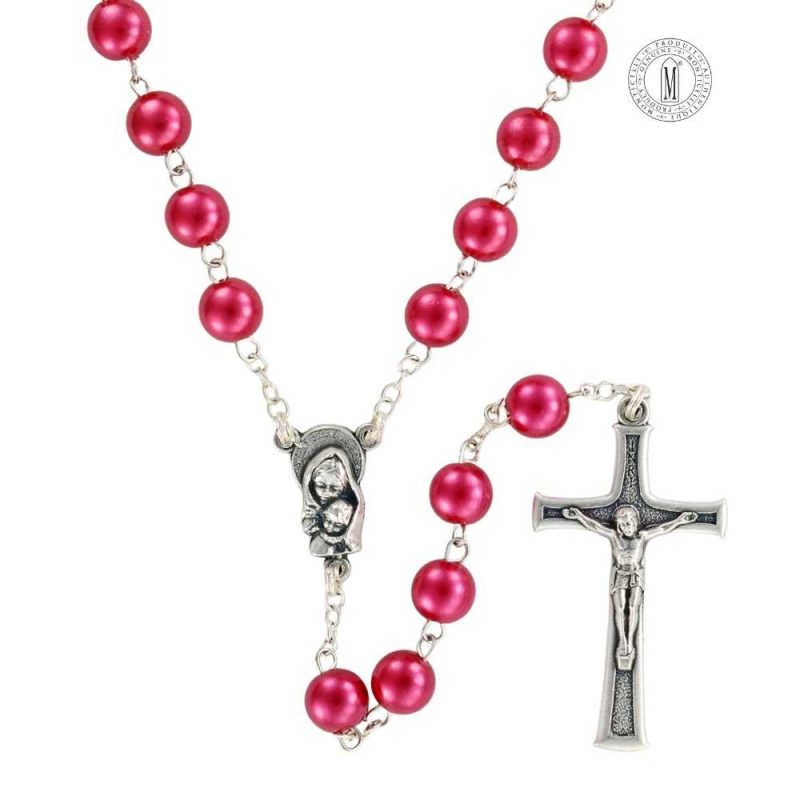 Rosary RN7-10 with ruby imitation pearl beads, silver-plated chain, center, and crucifix, Made in Italy