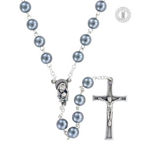 Rosary RN7-14 with jetÃ©steel imitation pearl beads, silver-plated chain, center, and crucifix, Made in Italy