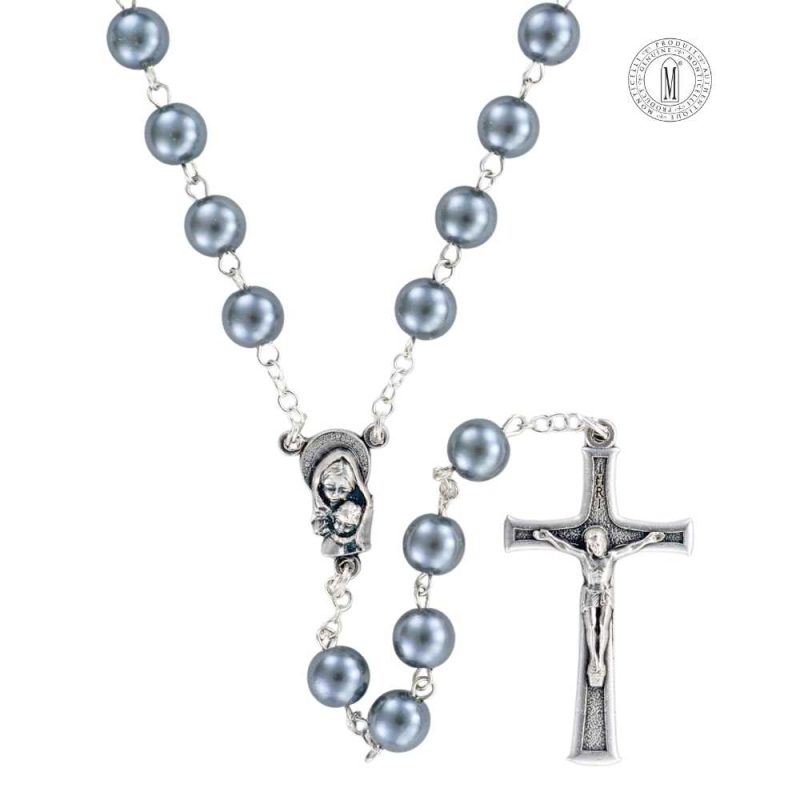 Rosary RN7-14 with jetÃ©steel imitation pearl beads, silver-plated chain, center, and crucifix, Made in Italy