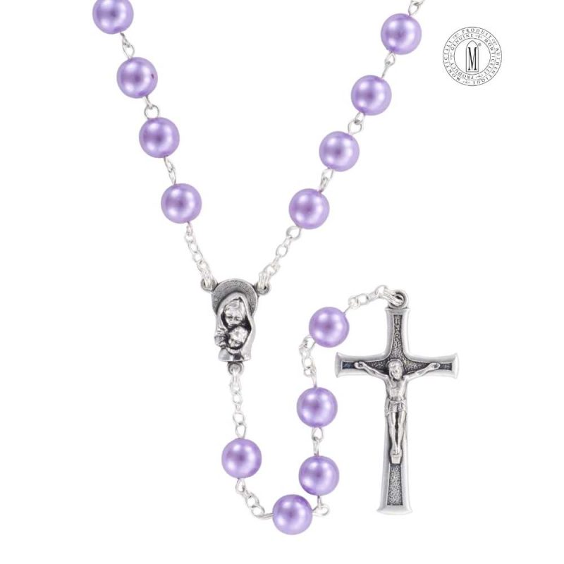 Rosary RN7-16 with amethyst imitation pearl beads, silver-plated chain, center, and crucifix, Made in Italy