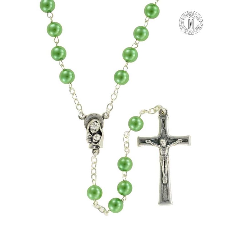 Rosary RN7-17 with emerald imitation pearl beads, silver-plated chain, center, and crucifix, Made in Italy